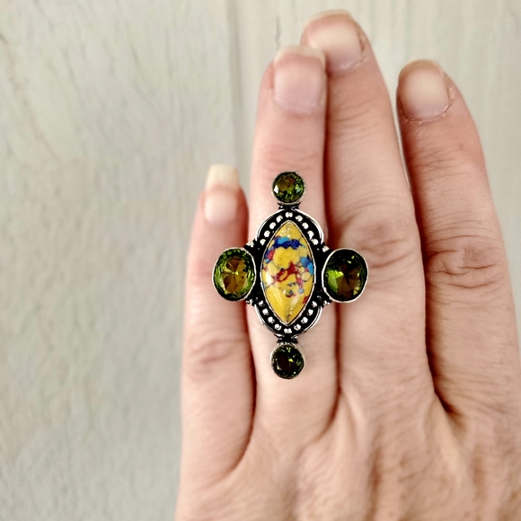 New Unique Mosaic Jasper and Peridot 925 Silver Ring. - Picture 4 of 8